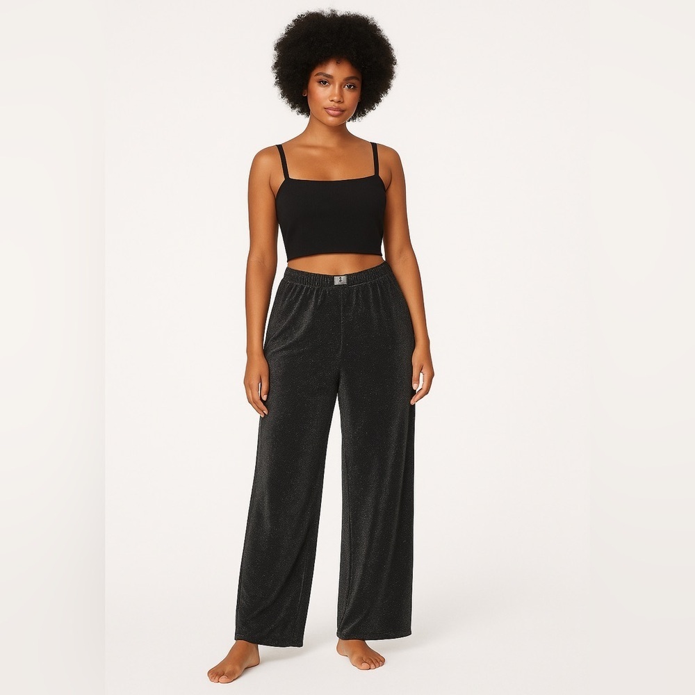 VICTORIA’S SECRET Black Metallic Silver Wide Leg Lounge Pants‎ XXL Evening Glam